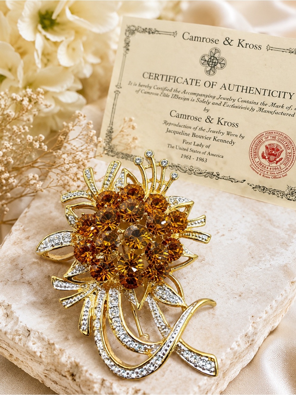 Vintage Jacqueline Kennedy Camrose & Kross Topaz Crystal Flower Brooch/Pendant